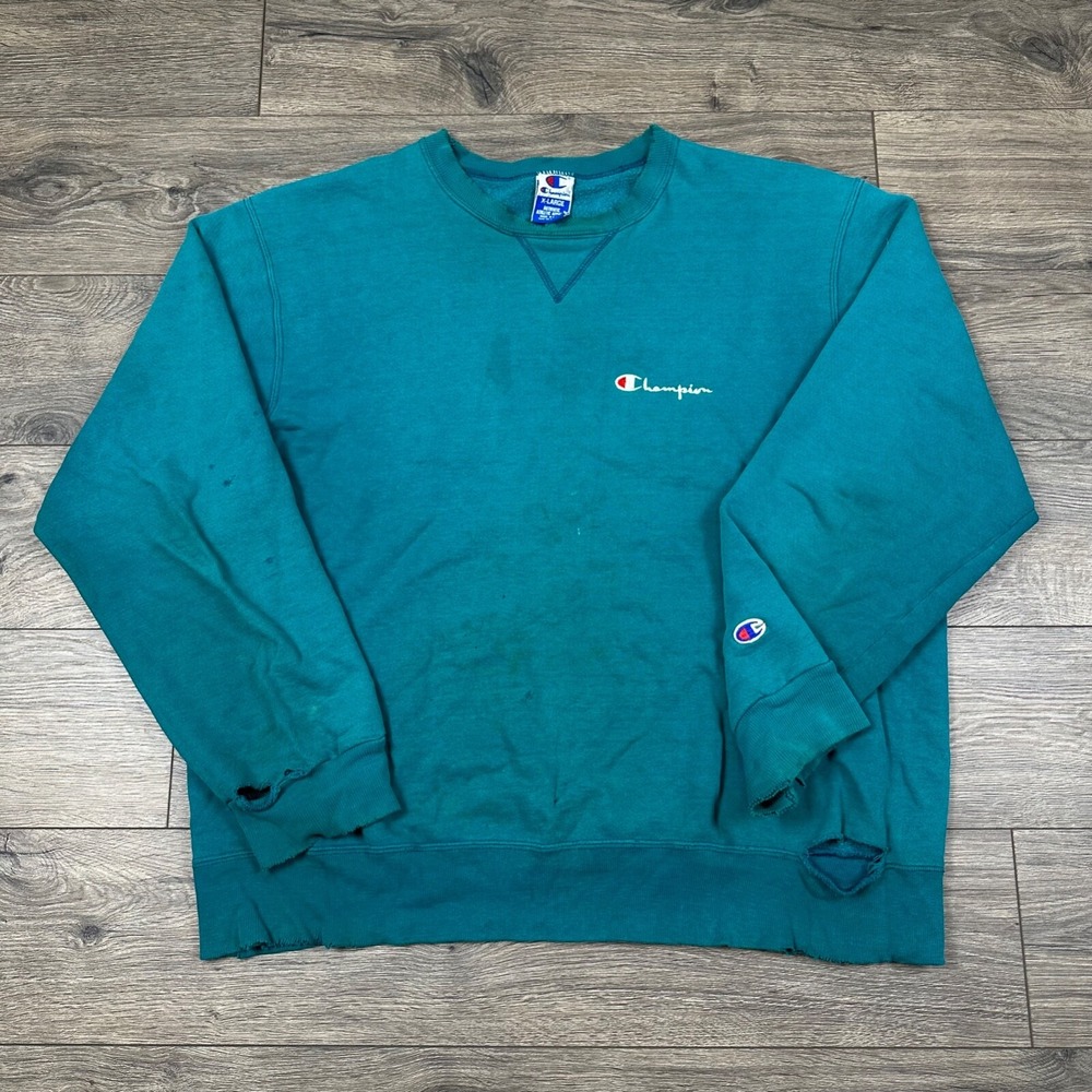 Vintage‎ Champion Sweatshirt Adult XL Teal Blue Crewneck Distressed Blank Logo